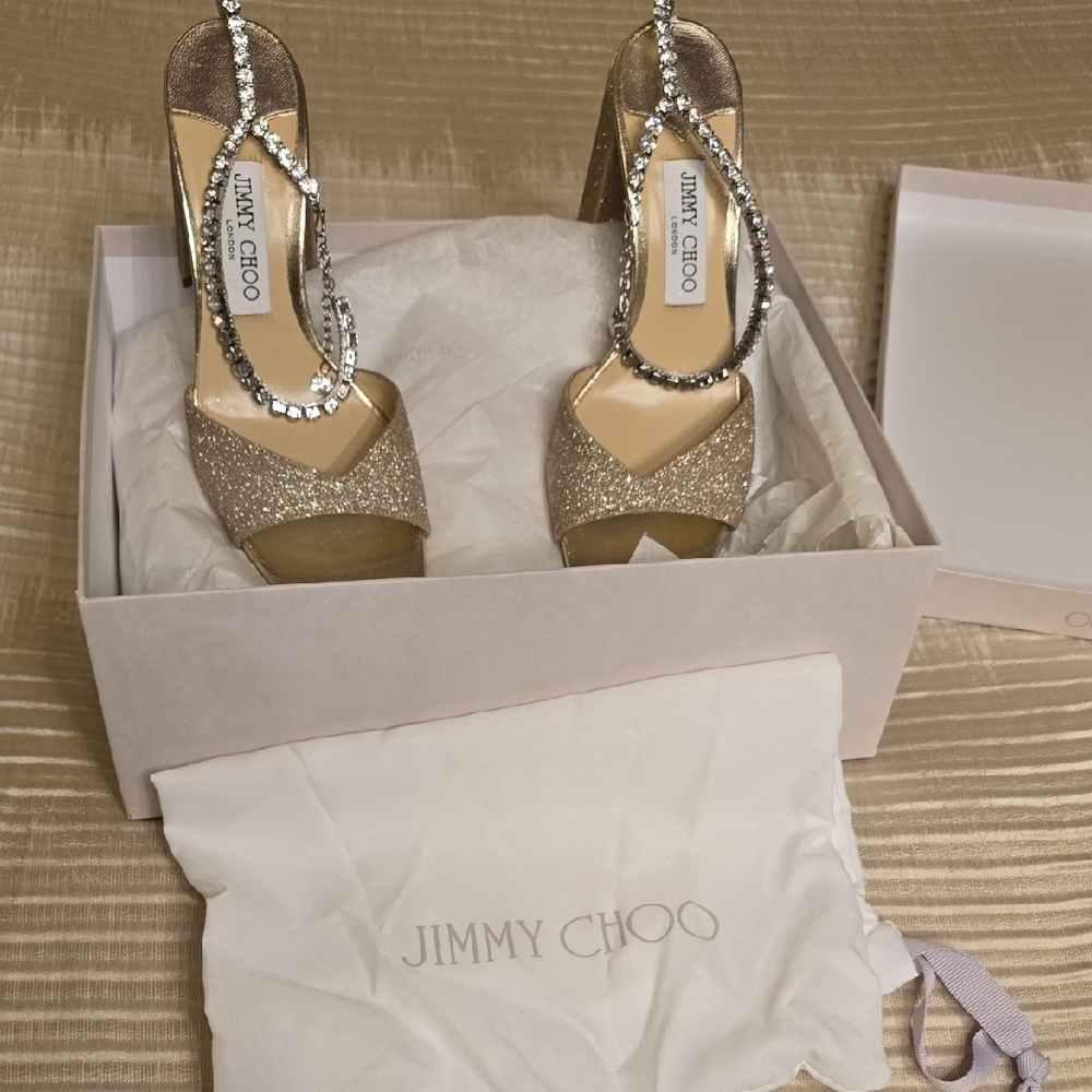 Jimmy Choo Sparkling Gold Heels with Ankle Strap Saeda Sandal Platinum Ice/cryst - Picture 10 of 14
